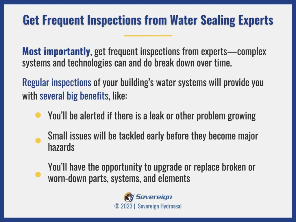 Infographic on the benefits of regular water sealing inspections by Sovereign Hydroseal.