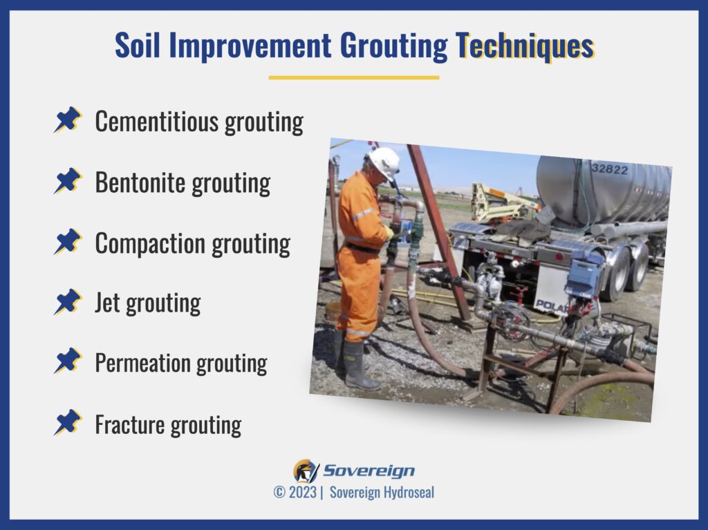 List of Sovereign Hydroseal's soil improvement grouting methods for soil cohesion and stability in geotechnical engineering.