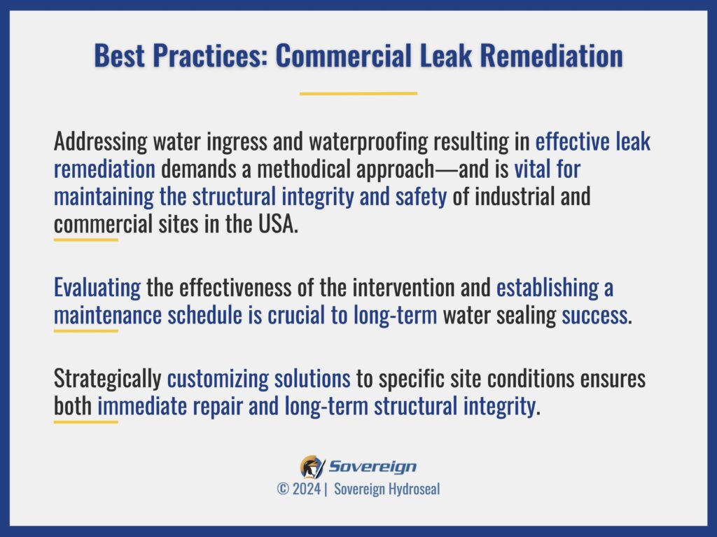 A graphic highlighting the best practices and steps for commercial infrastructure water proofing in the USA.