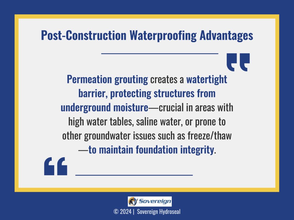 Quote graphic on post-construction waterproofing and permeation grouting's role in guarding against underground moisture.