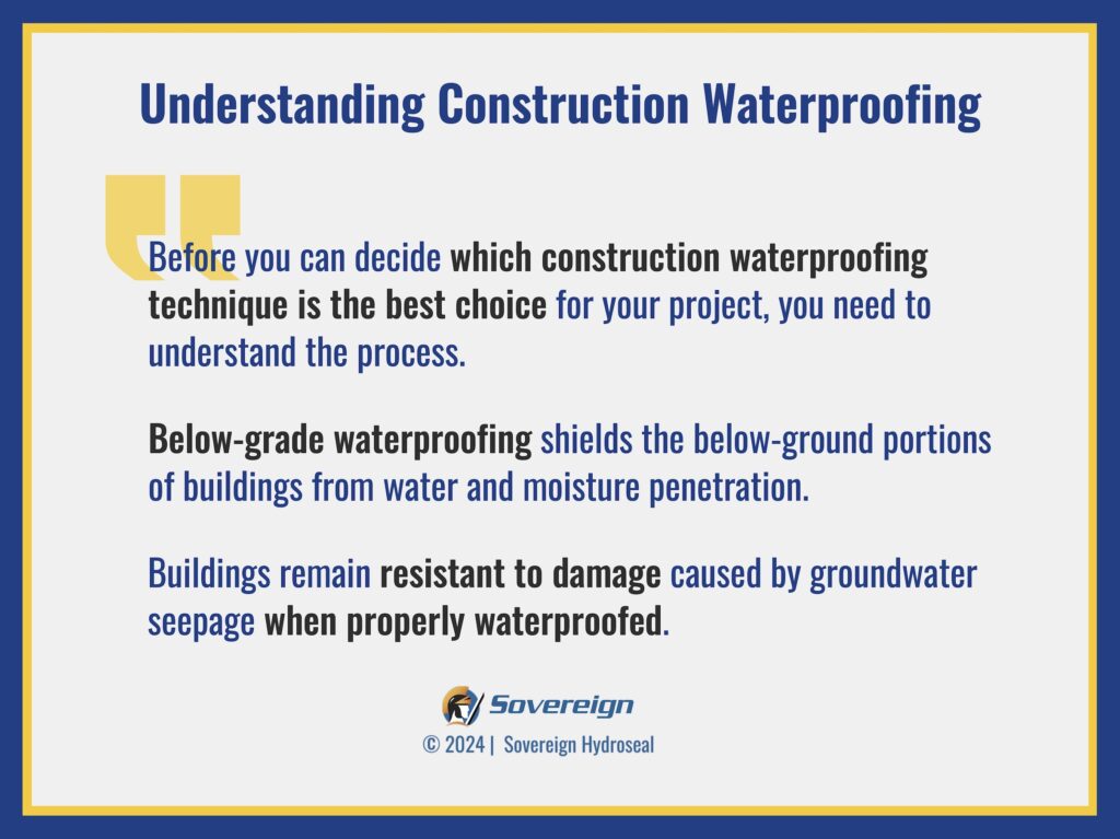 Graphic headline "Understanding Construction Waterproofing", with details underneath explaining what is important to know.