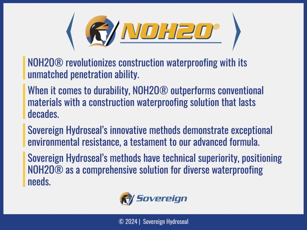 An infographic explaining how NOH2O® revolutionizes construction waterproofing with its penetration ability and durability.