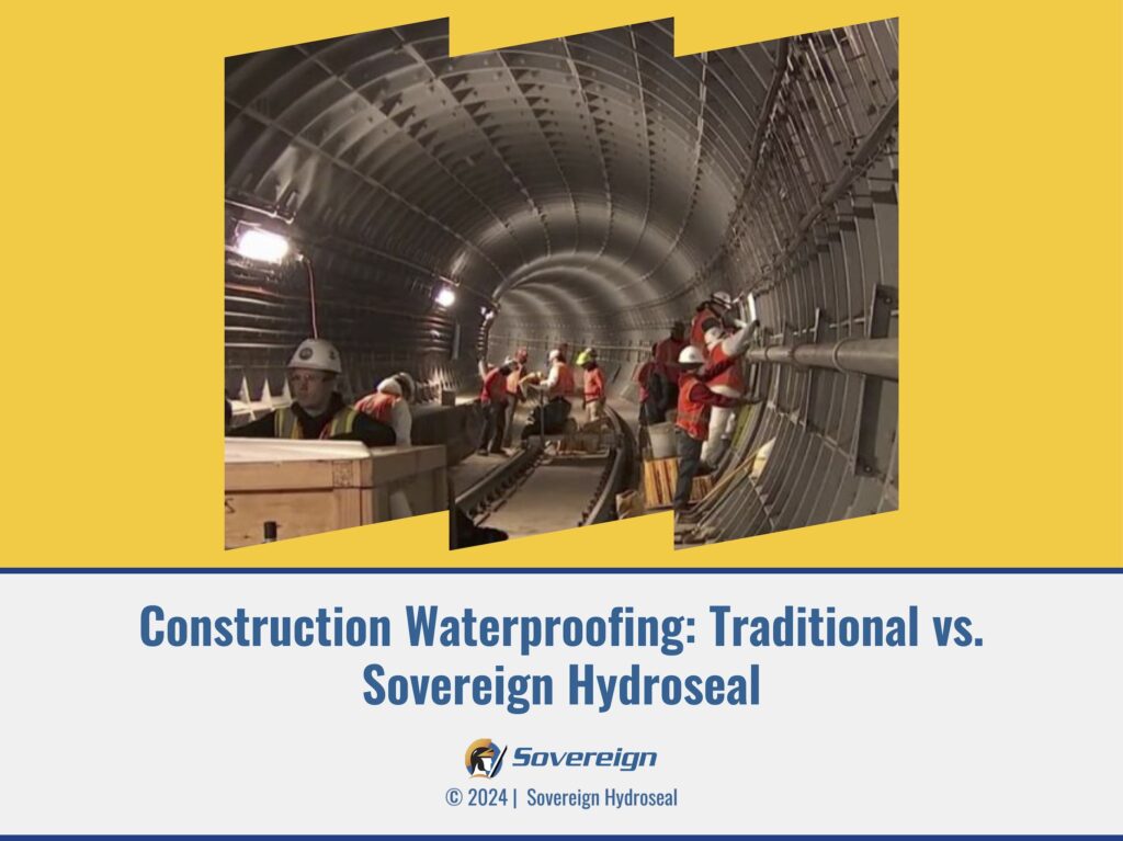 Grouting contractors waterproofing a tunnel. Title overlayed: construction waterproofing: traditional vs. Sovereign Hydroseal